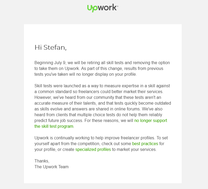 Upwork Skill Tests Removed/Retired